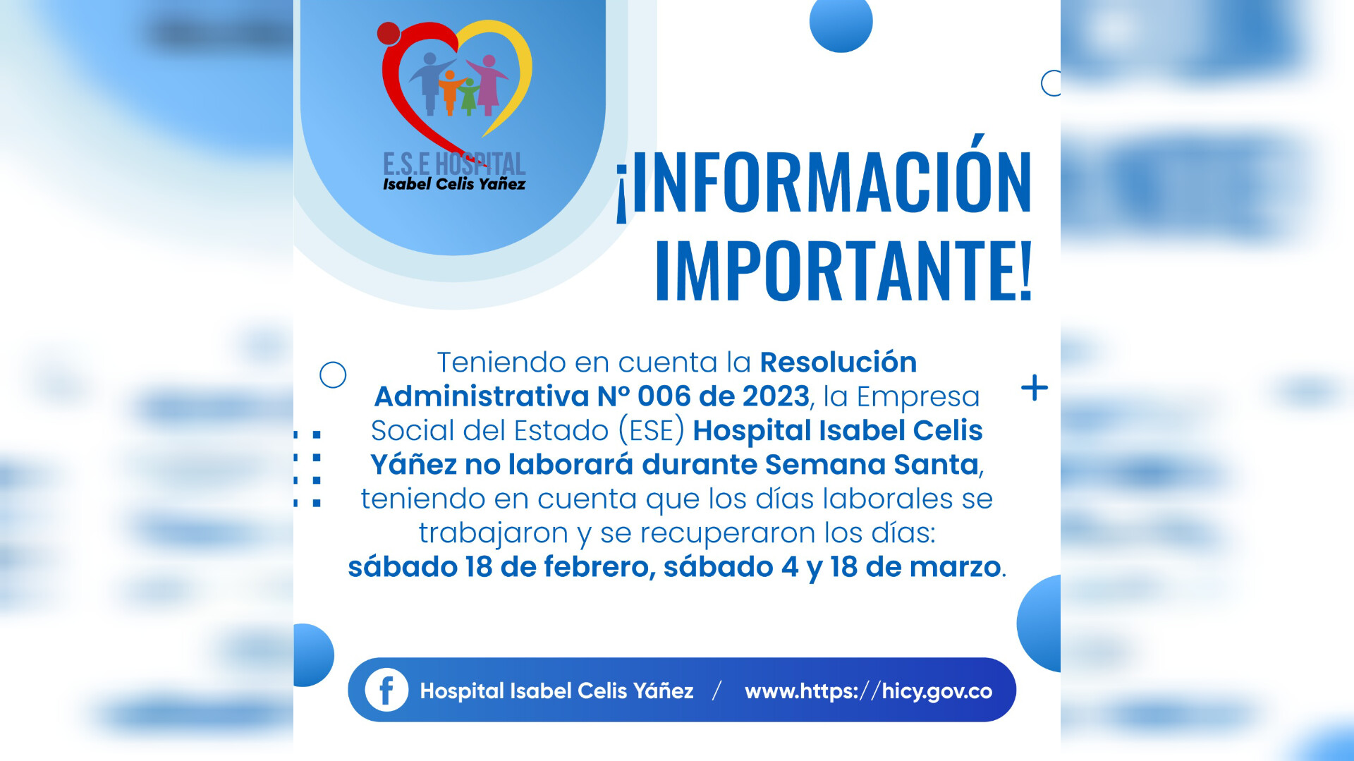 ÁREA ADMINISTRATIVA DEL HOSPITAL ISABEL CELIS YÁÑEZ NO LABORARÁ DURANTE SEMANA SANTA - PORTADA