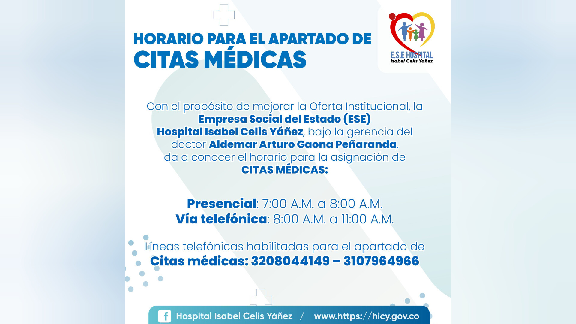CONOZCA EL SERVICIO QUE PRESTA EL ÁREA DE APARTADO DE CITAS MÉDICAS EN EL HOSPITAL ISABEL CELIS YÁÑEZ - PORTADA