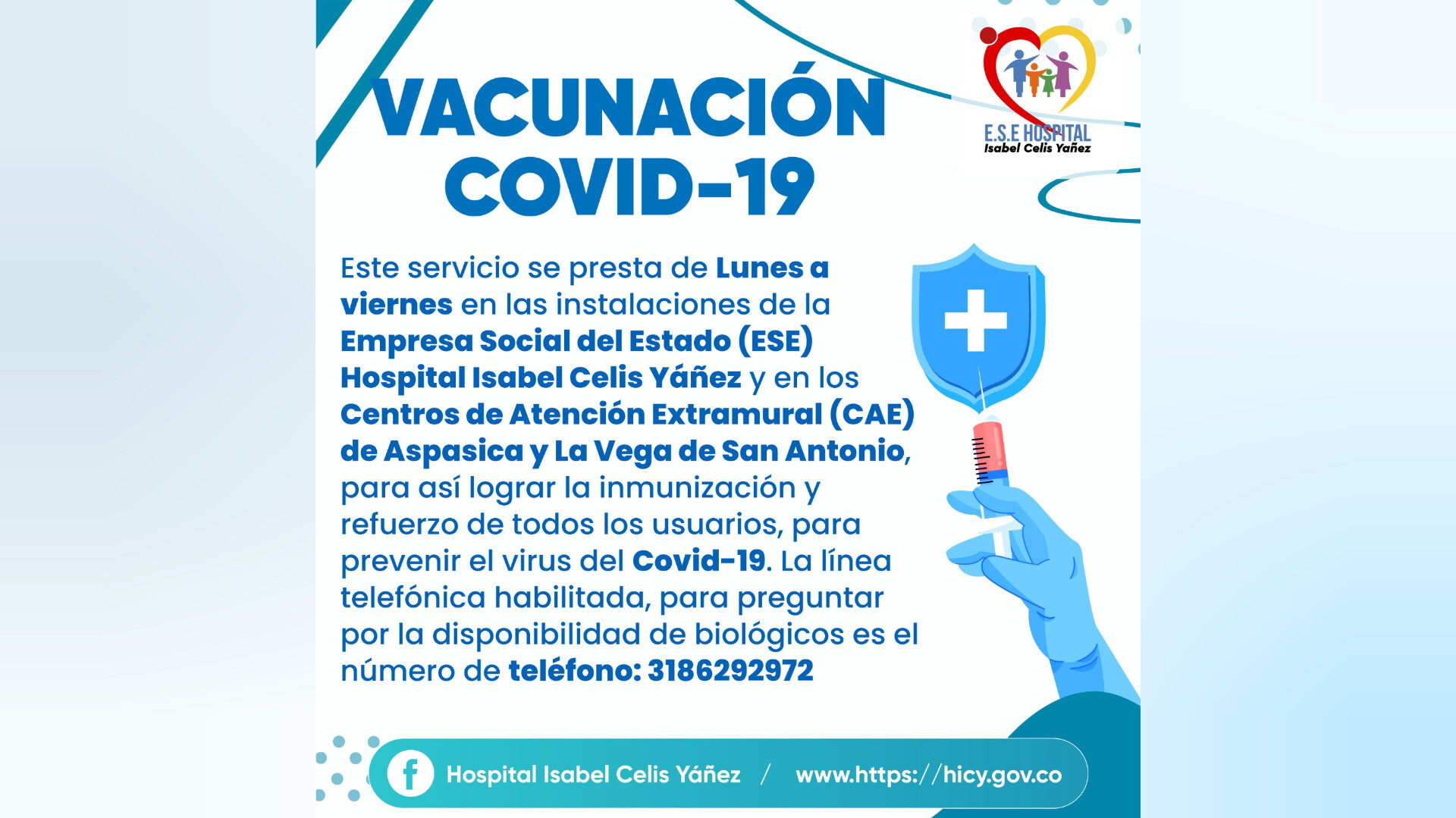 CONOZCA EL SERVICIO QUE PRESTA EL ÁREA DE VACUNACIÓN COVID-19 EN EL HOSPITAL ISABEL CELIS YÁÑEZ - PORTADA