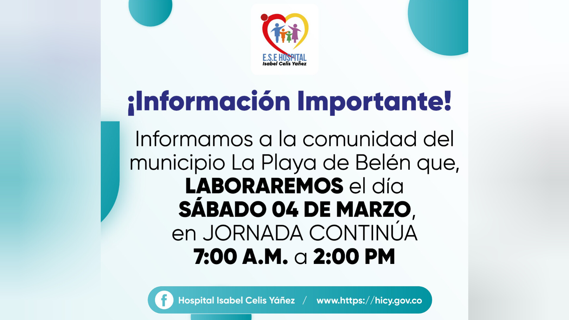 LABORAREMOS EN JORNADA CONTINUA EL SABADO 04 DE MARZO - PORTADA