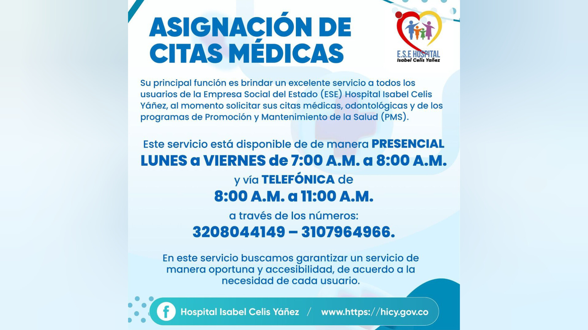 CONOZCA EL SERVICIO QUE BRINDA EL ÁREA DE ASGINACIÓN DE CITAS EN EL HOSPITAL ISABEL CELIS YÁÑEZ - PORTADA