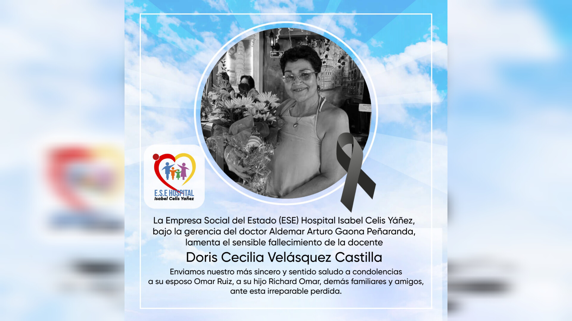 LAMENTAMOS EL SENSIBLE FALLECIMIENTO DE LA DOCENTE DORIS CECILIA VELÁSQUEZ CASTILLA - PORTADA