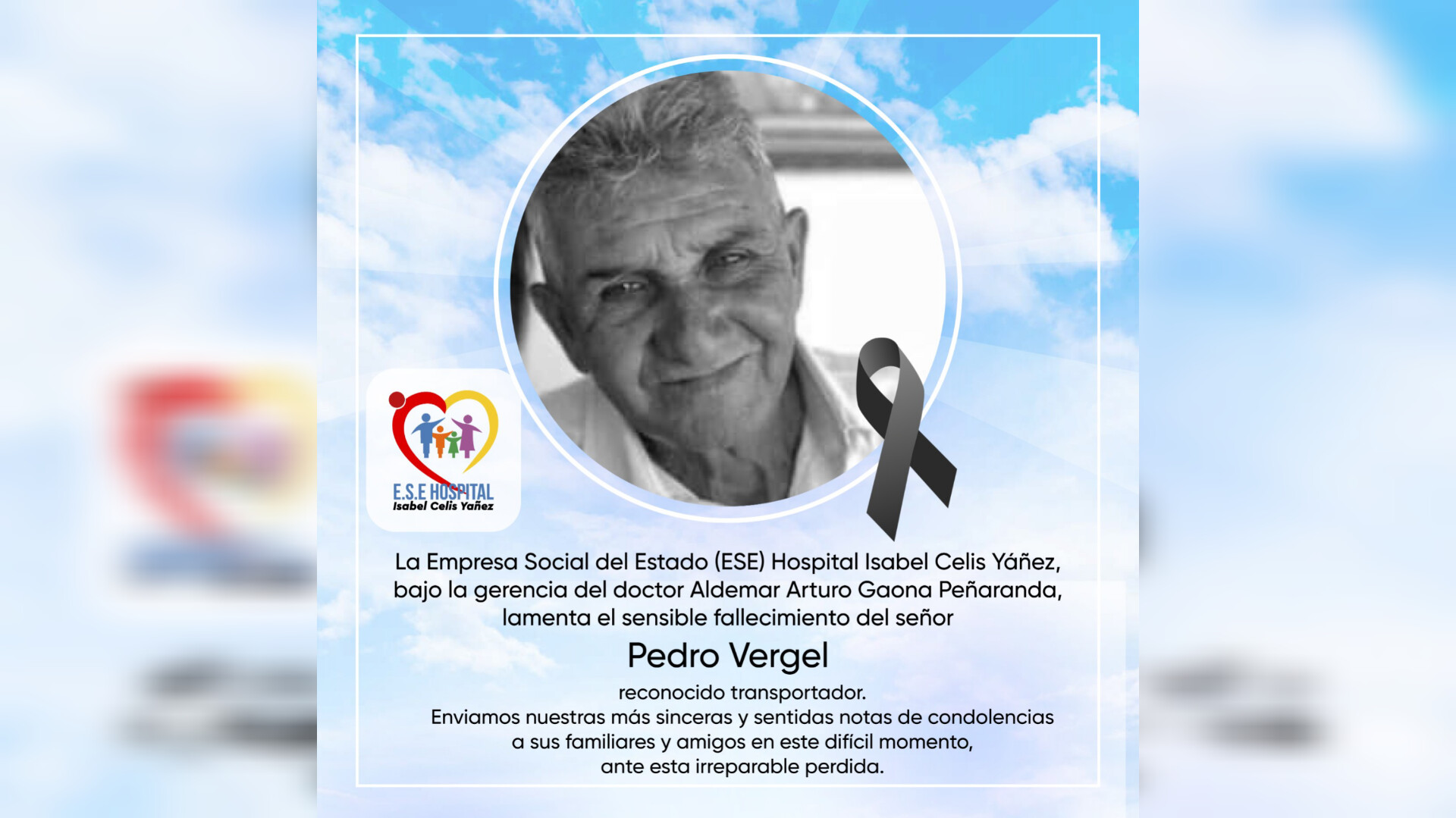 LAMENTAMOS EL SENSIBLE FALLECIMIENTO DEL SEÑOR PEDRO VERGEL - PORTADA