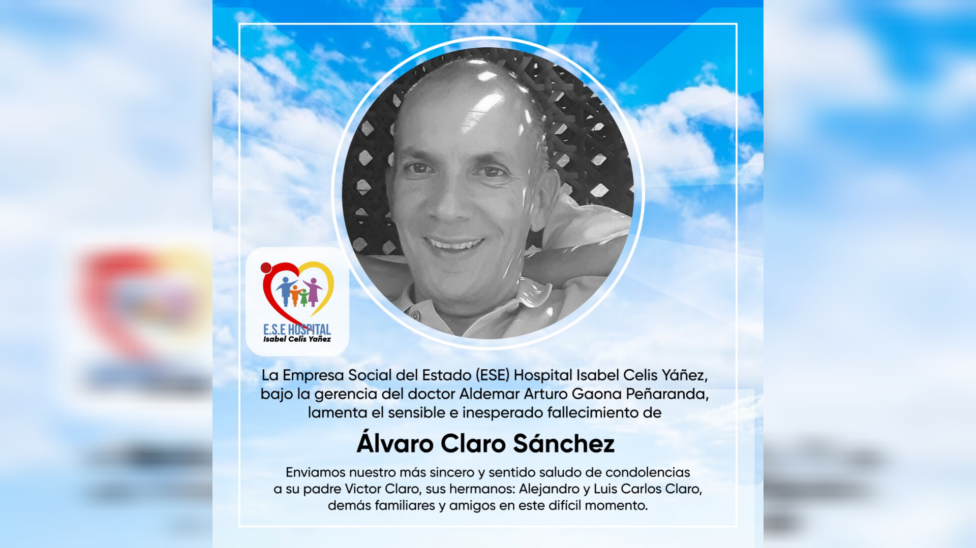 LAMENTAMOS EL SENSIBLE FALLECIMIENTO DEL SEÑOR ÁLVARO CLARO SÁNCHEZ - PORTADA