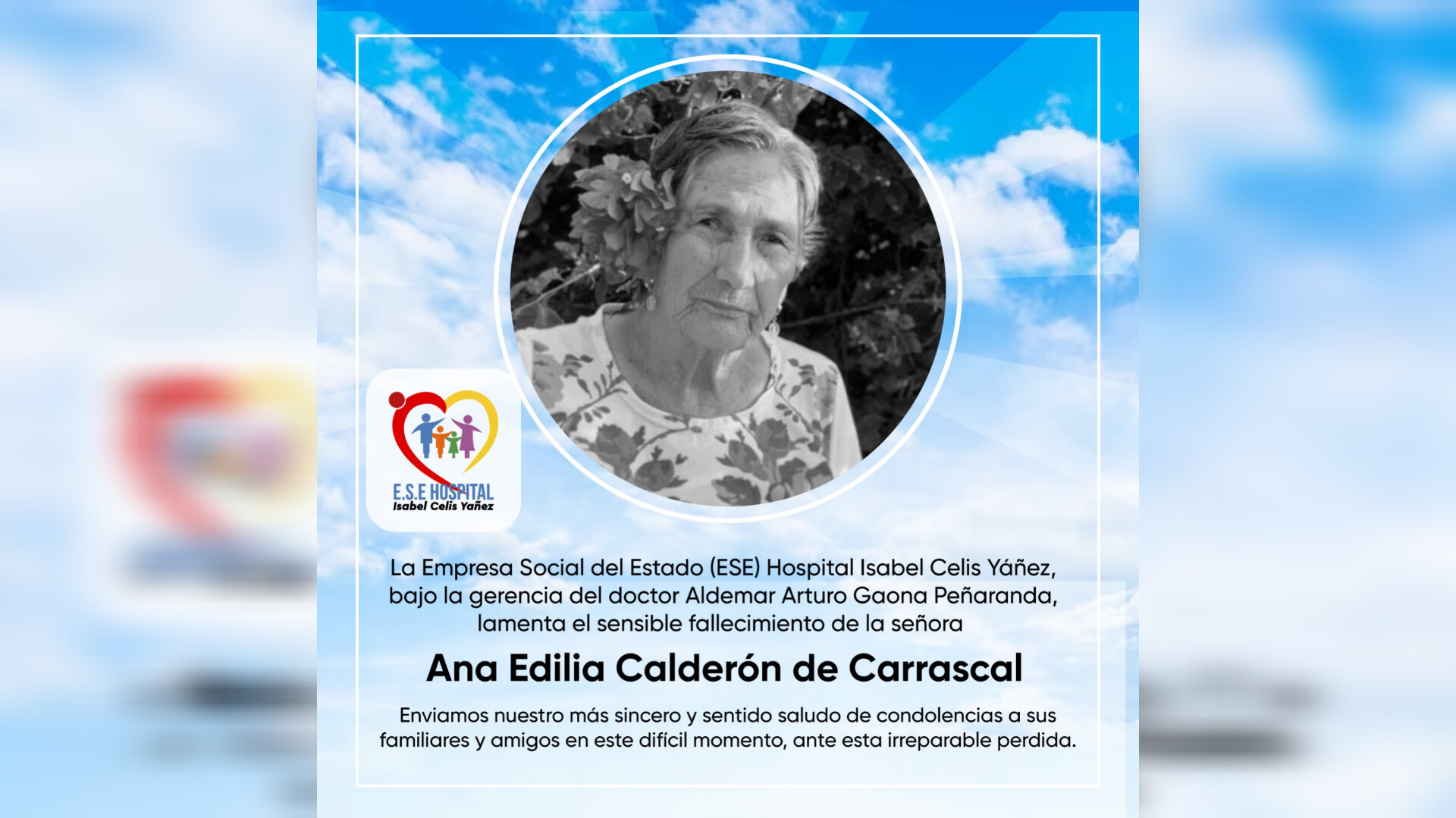 LAMENTAMOS EL SENSIBLE FALLECIMIENTO DE LA SEÑORA ANA EDILIA CALDERÓN DE CARRASCAL - PORTADA