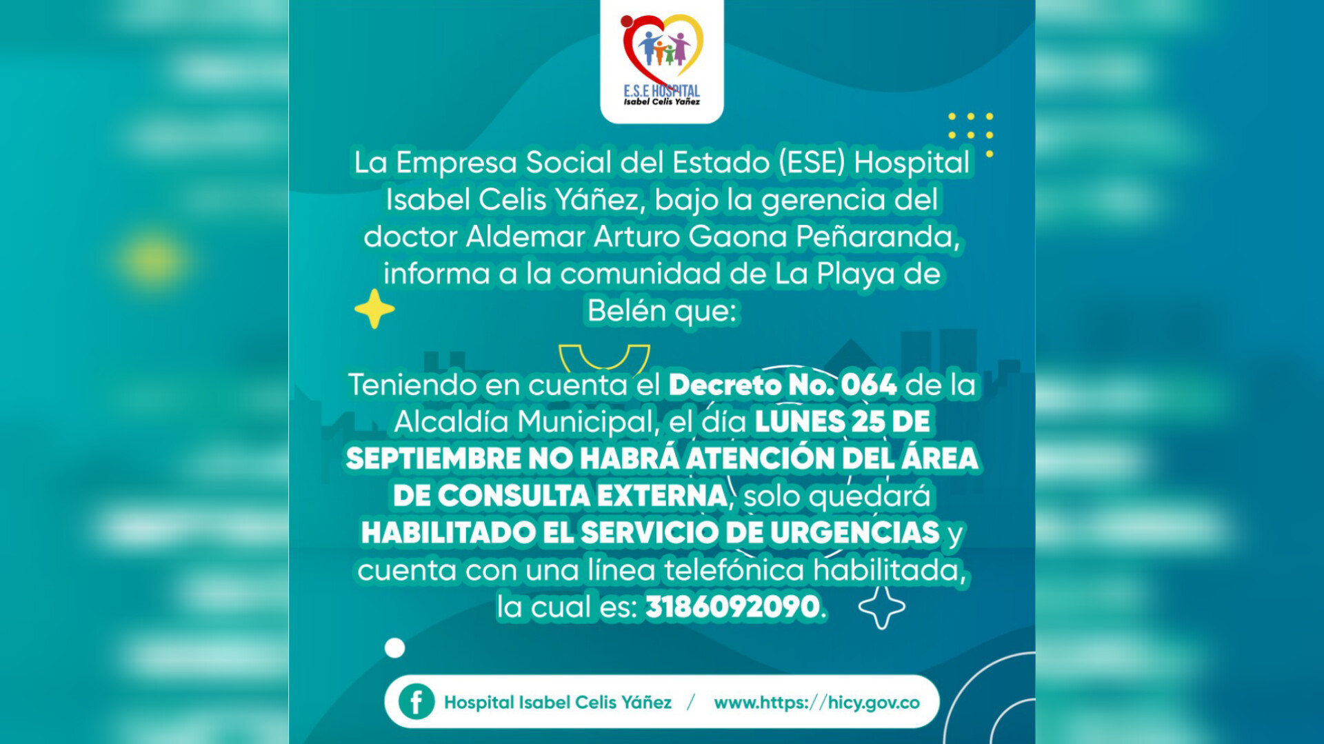 EL DÍA LUNES 25 DE SEPTIEMBRE NO HABRÁ ATENCIÓN AL PÚBLICO EN EL ÁREA DE CONSULTA EXTERNA - PORTADA
