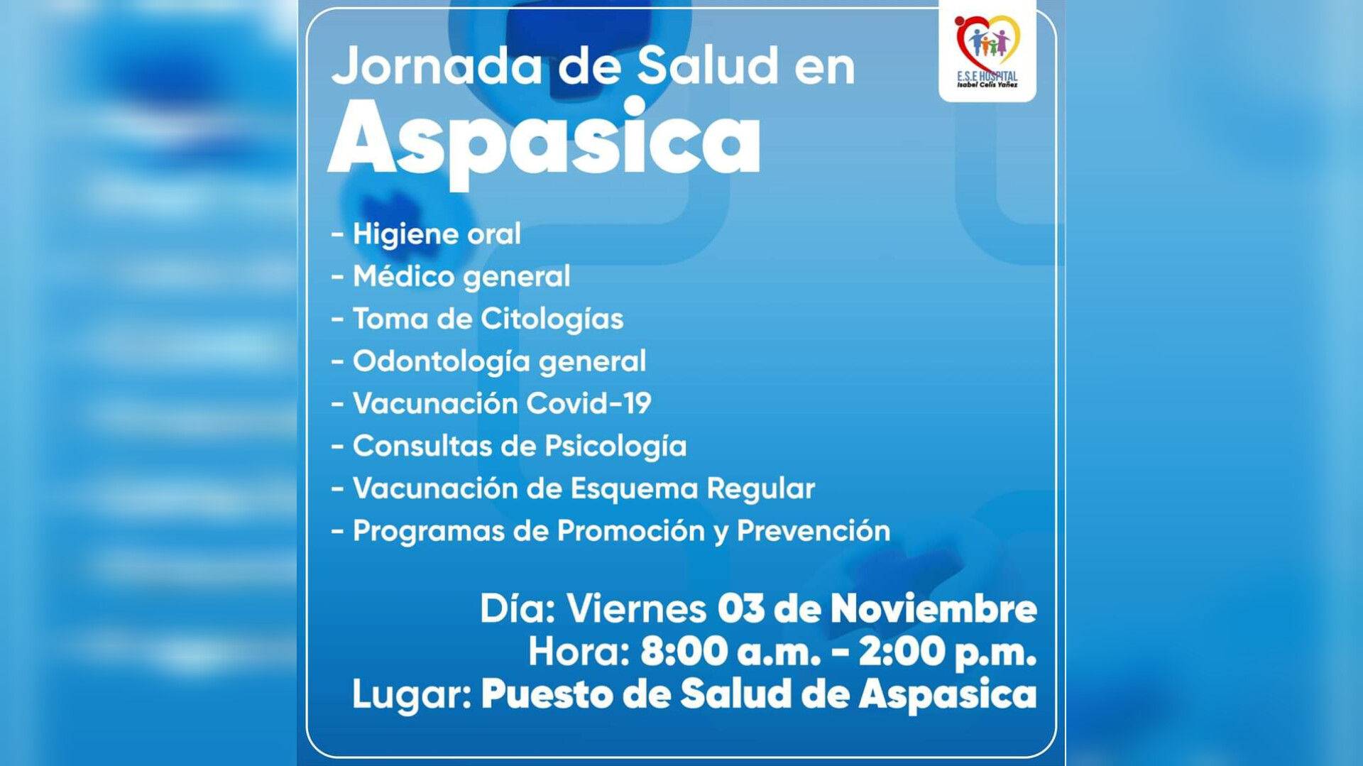 HOSPITAL ISABEL CELIS YÁÑEZ REALIZARÁ UNA JORNADA DE SALUD ESTE VIERNES 03 DE NOVIEMBRE EN ASPASICA - PORTADA